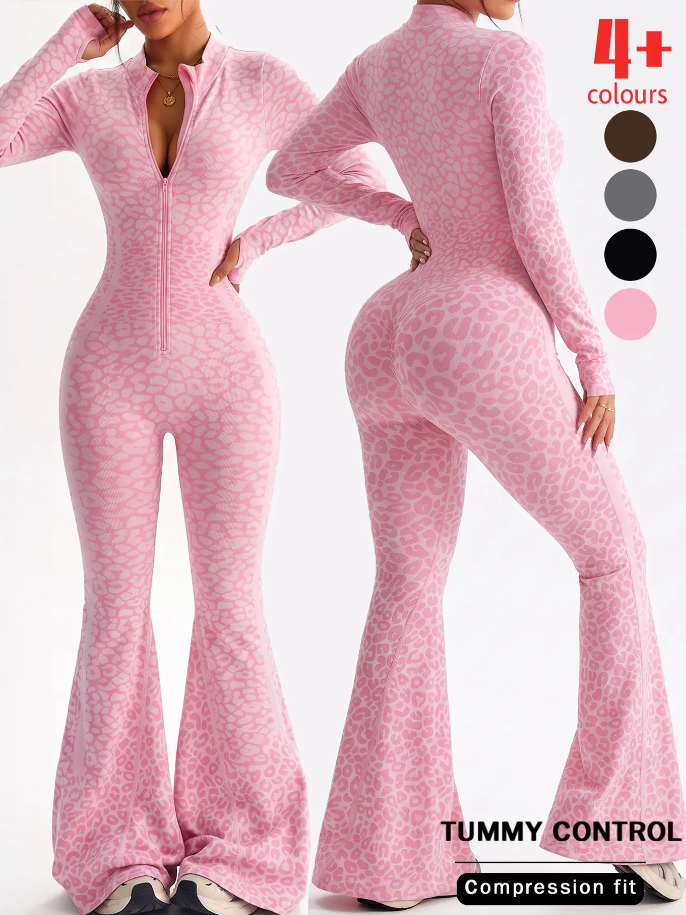 Women's Leopard Print Yoga Long Sleeve Romper, Yoga Jumpsuits, Sporty High Waist Compression Wear, All Season Fitness, Perfect for Running and Yoga