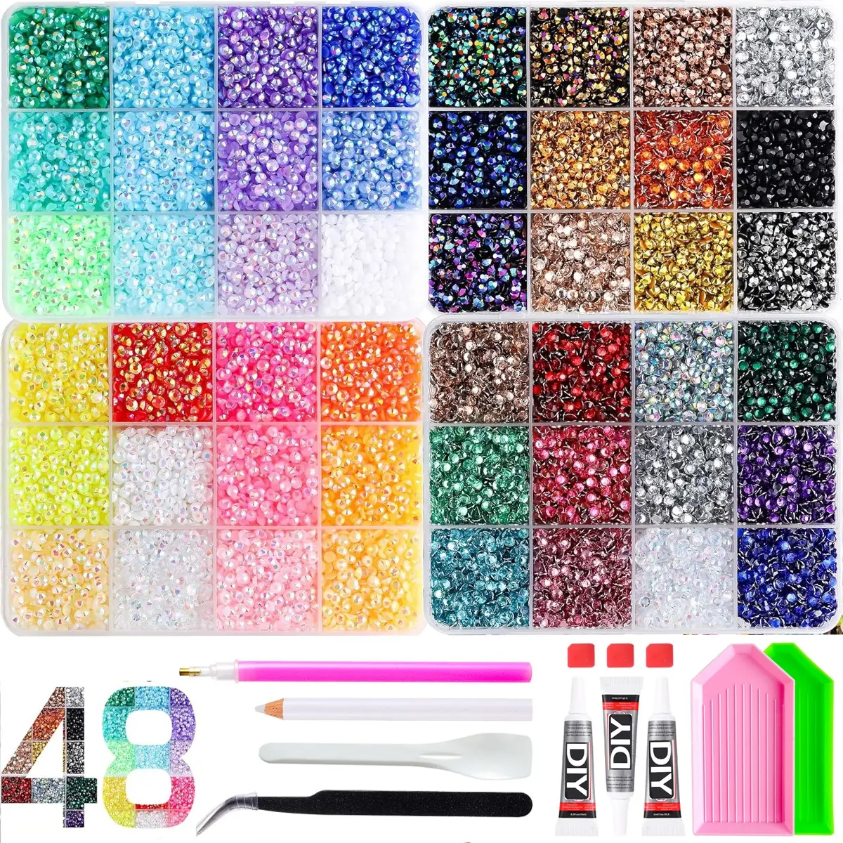 Bling Kit Rainbow 48 Grid Multi-Size AB Crystal Rhinestone Set, All-in-One Manicure Gem Starter Pack with Tweezers, Dot Pen & Sorting Trays。Halloween Christmas Birthday Gifts for Women。summerwins,mid year sale, deals for you