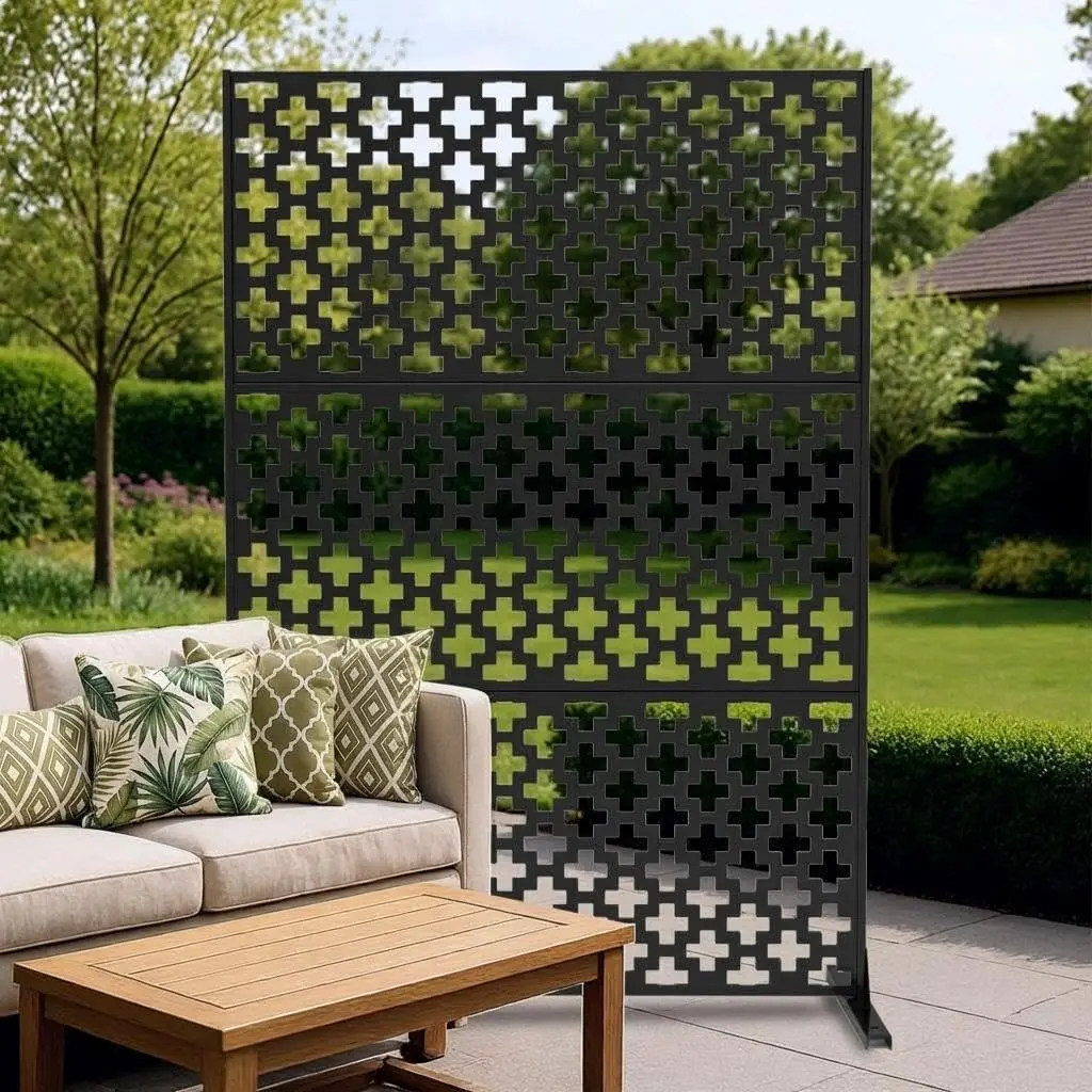 GARVEE Metal Privacy Screen with Stand, Freestanding Steel Privacy Panel, Heavy Duty Outdoor Decorative Divider Screen for Patio Garden Balcony Backyard