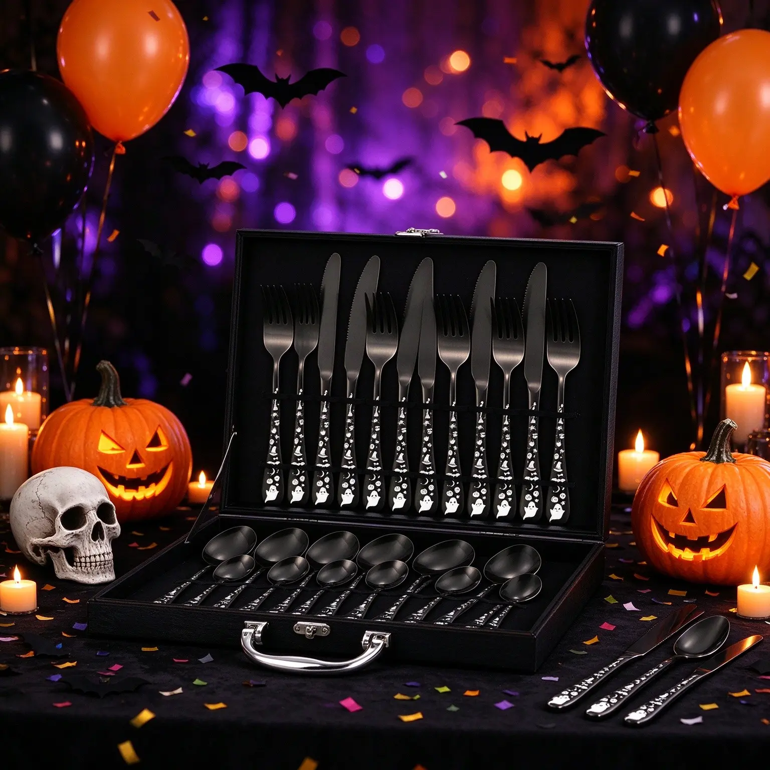 Halloween Skull Relief Stainless Steel Cutlery Set, Gothic Western Tableware Gift Box, Party Theme Fork Spoon Knife Set
