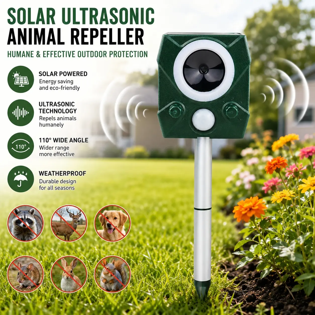 Solar-Powered Animal Repeller with LED Flashing Ultrasonic Alarm, Deters Unwanted Animals Mice Birds Puppies Kittens, Vole Repellent, Home & Garden & Commercial Use, Deer and Rabbit Repellent