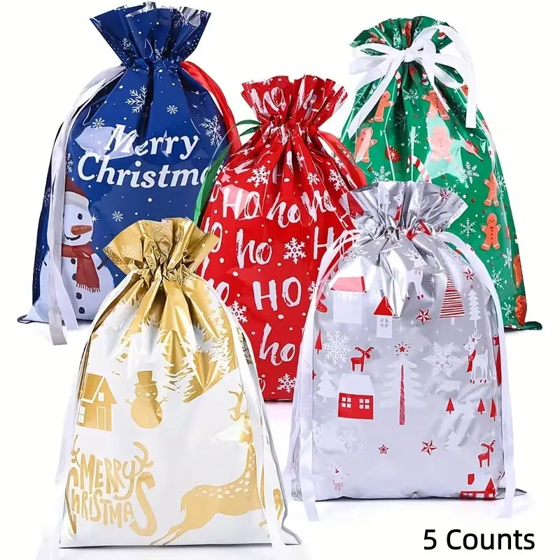 5 Counts Christmas Gift Bags, 11.42 X 16.54-Inch Drawstring Bags, Reusable Candy Bags, Gingerbread Patterns, Perfect for Gifting