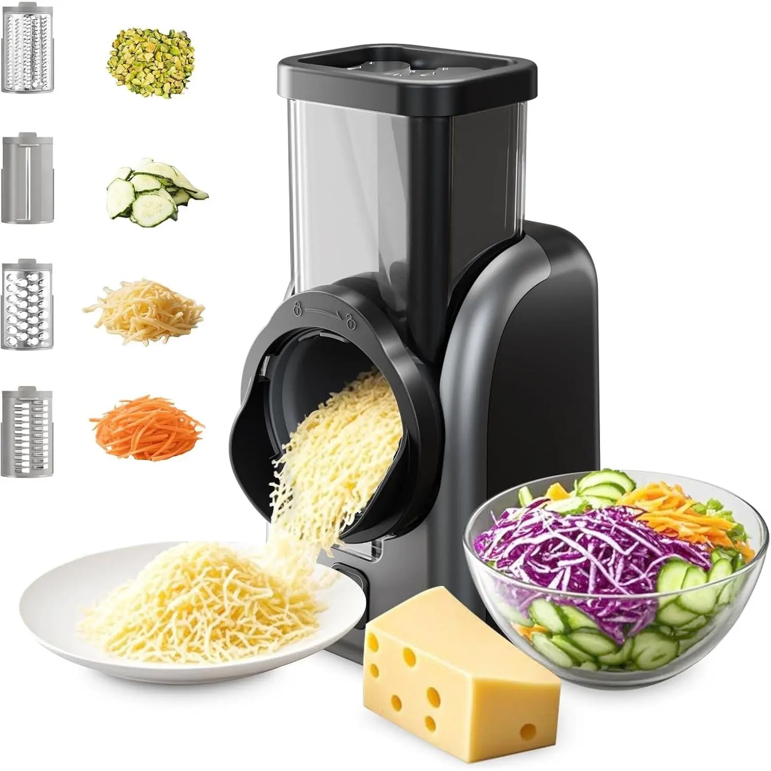 Electric Cheese Grater Rotary Vegetable Slicer with 4 Interchangeable Drum Blades Multifunctional Cheese Chopper Shredder for Kitchen Potato Veggie Salad Fruit