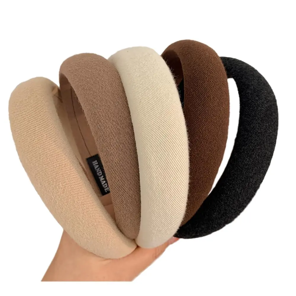 5 Pack Wide Headbands for Women, 1.2 Inch Thick Padded Band Set in Neutral Shades, Non-Slip Fabric High-Crown Hair Accessories, Band Set Headbands, Latte, Casual/Formal, Solid Colors, Wide Band