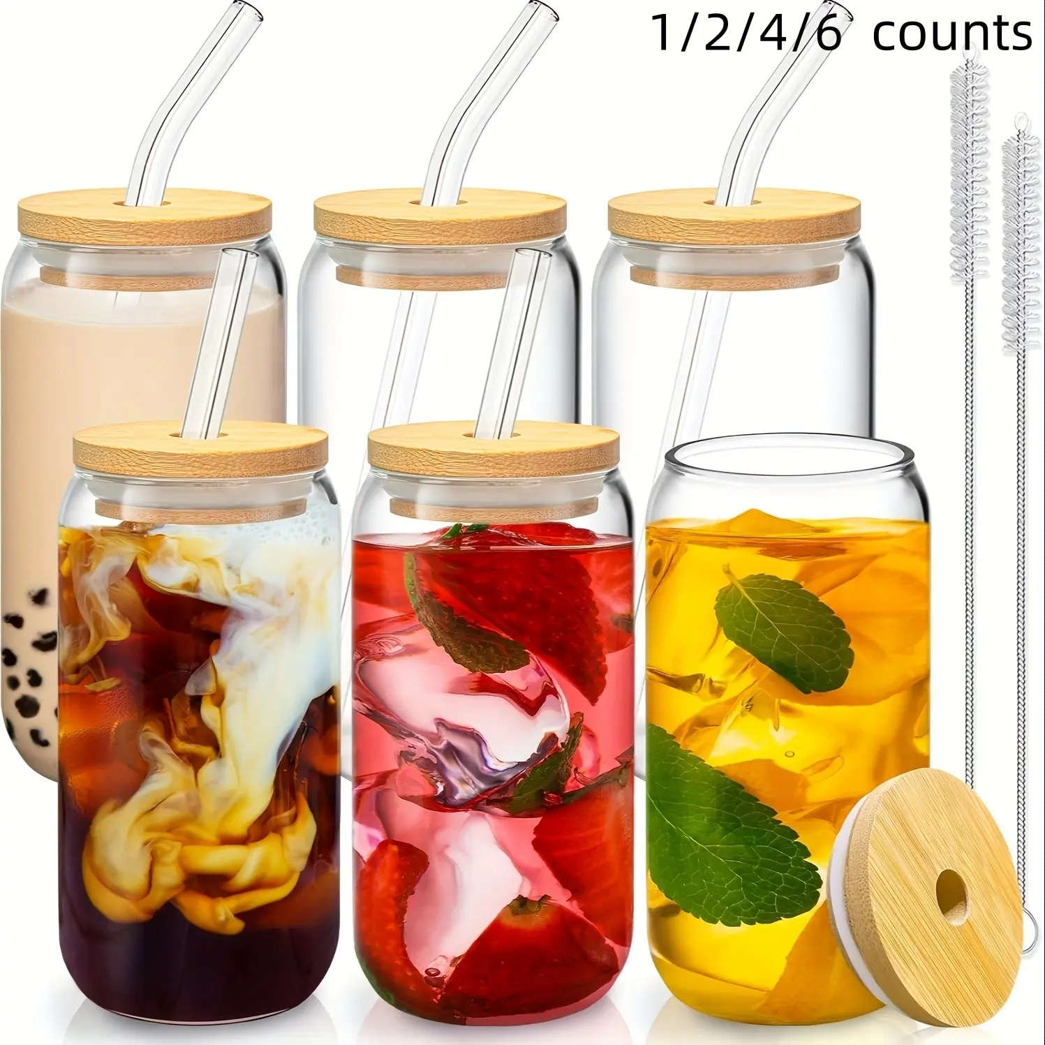 Glass Straw Drinkware Set (1/2/4/6 Pieces), Glass Cup with Straw, Glass Beverage Cups, 16oz Highball Cup, Beer Mug, Iced Coffee Cup, Cute Mugs, Perfect for Everyday Use