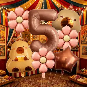 Cute Capybara & Daisy Number Foil Balloon Set, Cartoon Animal Aluminum Balloons for Birthday, Bridal Shower, Wedding, Photo Booth Props