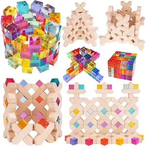 Wooden Rainbow Building Blocks Cube Gem Stacking Blocks Toy - Colorful Montessori Rainbow Stacker Toy Elegant Wood Rainbow Cube Blocks- Acrylic Blocks Educational Toys for Toddlers- 80Pcsfidget toys