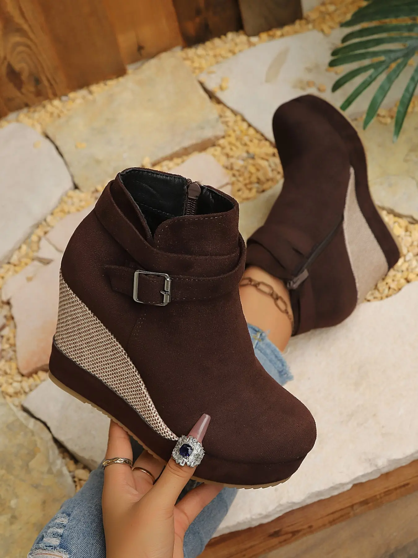 Women's Fashion Boots, European Style Autumn Winter Deep Faux Fur Wedge Short Boots, Side Zipper Belt Buckle Thick Sole Large Size Wedge Bootie