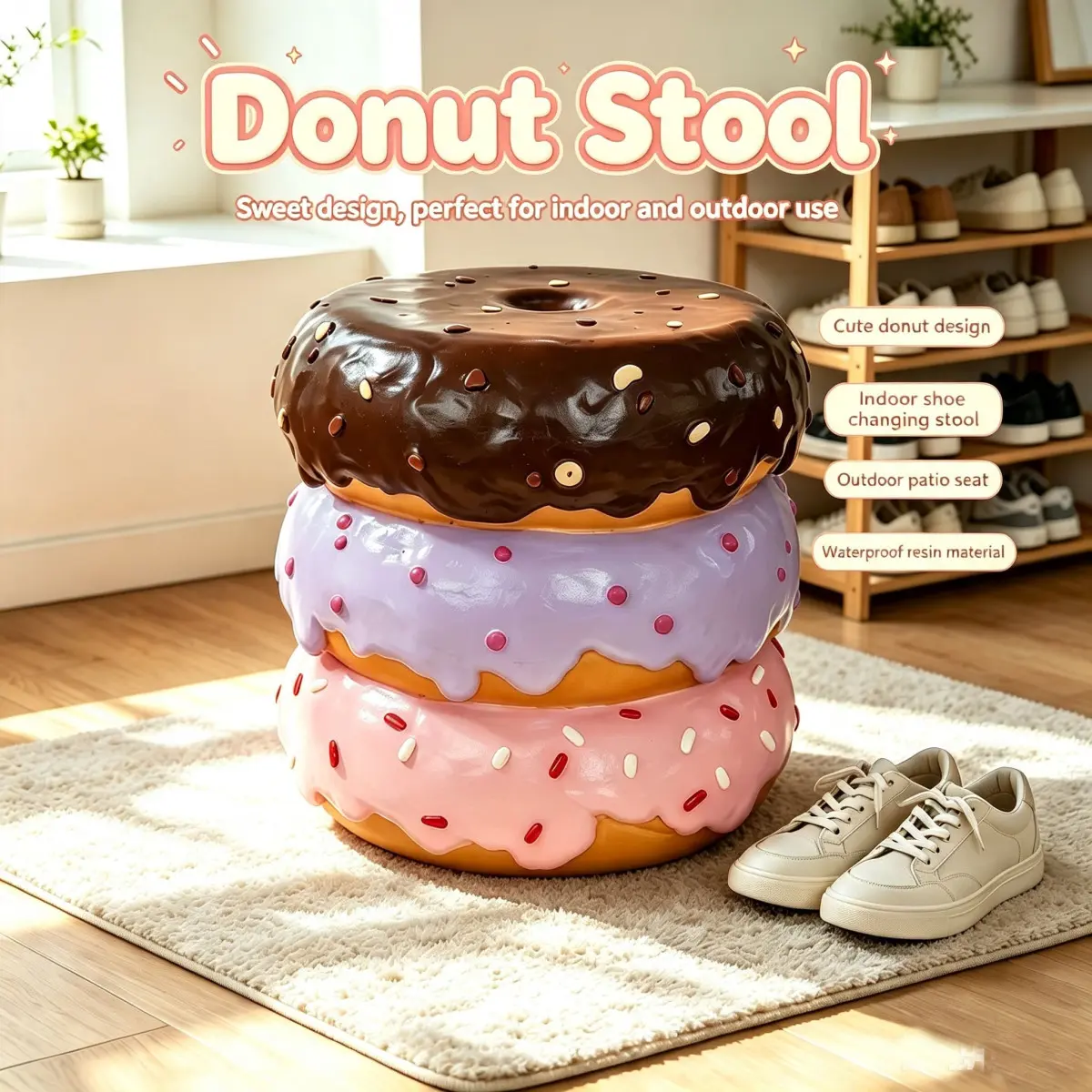 14'' Stacked Donut Stool, Colorful Dessert Character Side Table Decor, Indoor & Outdoor Creative Figurine Seat for Patio, Garden, Living Room Home Decor