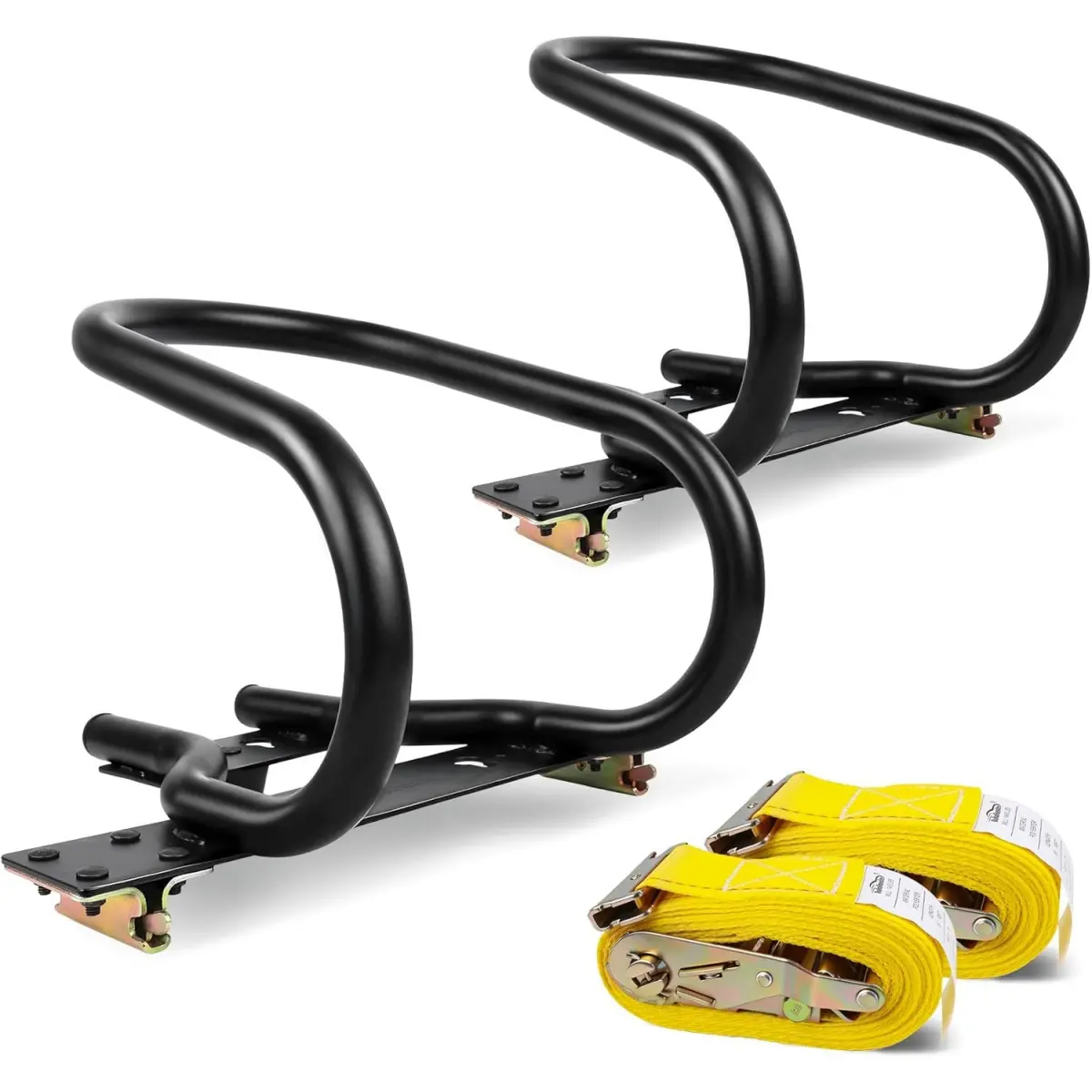 7" Heavy Duty Corrosion Resistant Steel Motorcycle Wheel Chock (2 Steel Wheel Chocks Bundle) for E-Track System with 2 x 15ft E-Track Ratchet Straps for Heavy Duty Protection, 2 X 15-Foot E-Track Ratchet Straps