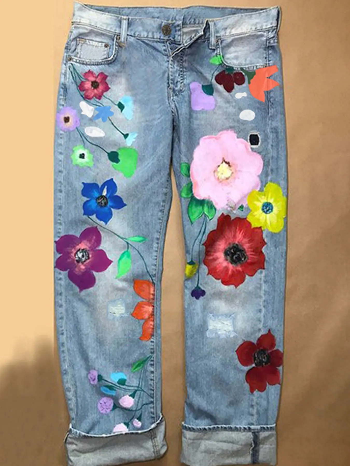 Daily Wear Jeans with Large Plant Print, Fashion Street Style Straight Leg Long Pants, Loose-Fitting All-Season Denim