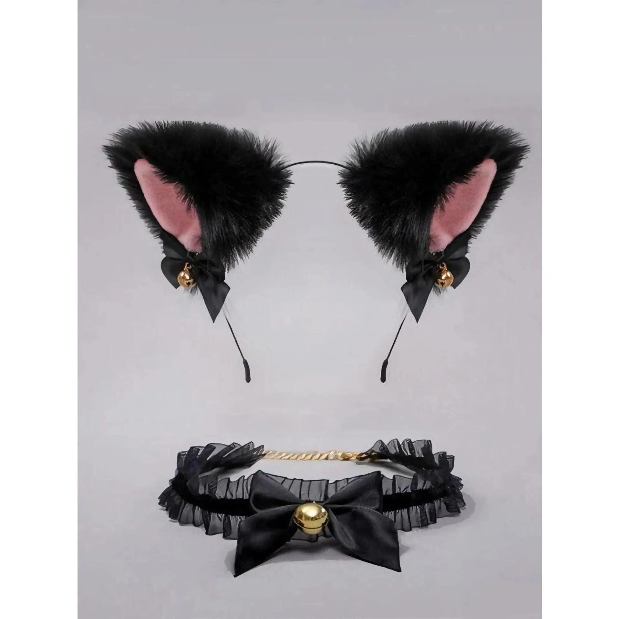 Cute Cat Ear Headband Set with Bow Bell Necklace, Kawaii Cosplay Costume Accessories for Women & Girls, Anime Style Party Headwear for Halloween, Festival, Photo Shoot, Theme Parties and Dress Up Events