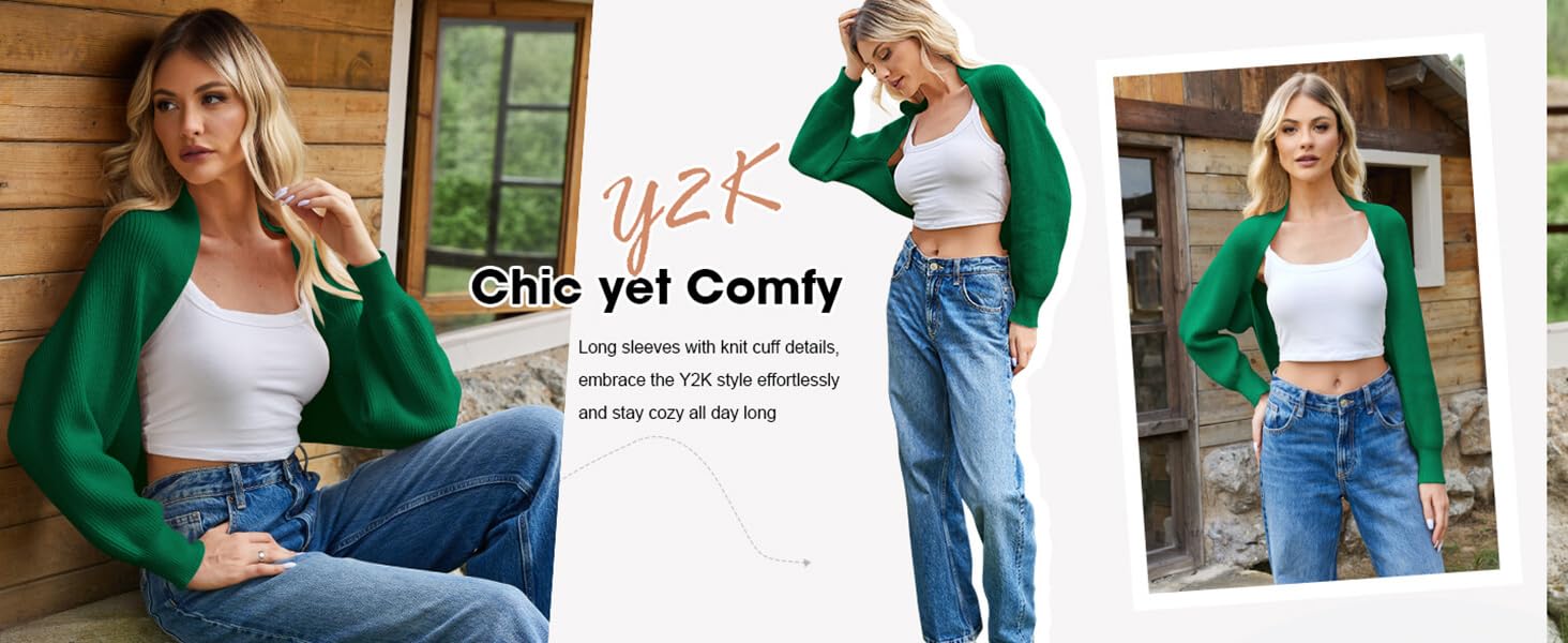 Women's Bolero Shrug Sweater 2025 Knitted Long Sleeve Open Front Cropped Cardigan Shrugs Sweaters Y2K Tops