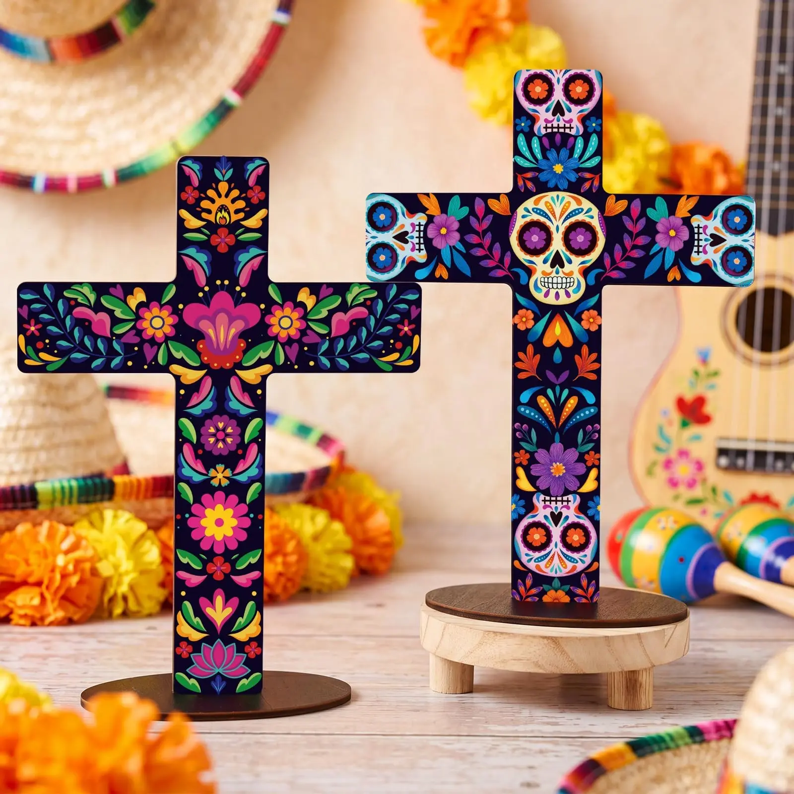 2 Pack Day of the Dead Wooden Tabletop Cross Decor Set, Colorful Sugar Skull Floral Print Wooden Standing Cross, Mexican Dia de los Muertos Wooden Table Ornament Halloween Altar Home Table Centerpiece Gift