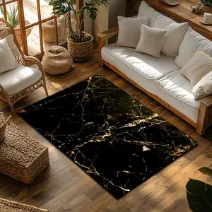 Black Gold Marble Crystal Velvet Luxury Area Rug #BlackGoldMarbleRug #ModernFloorMat #MarbleEffectCarpet #CrystalVelvetHomeDecor