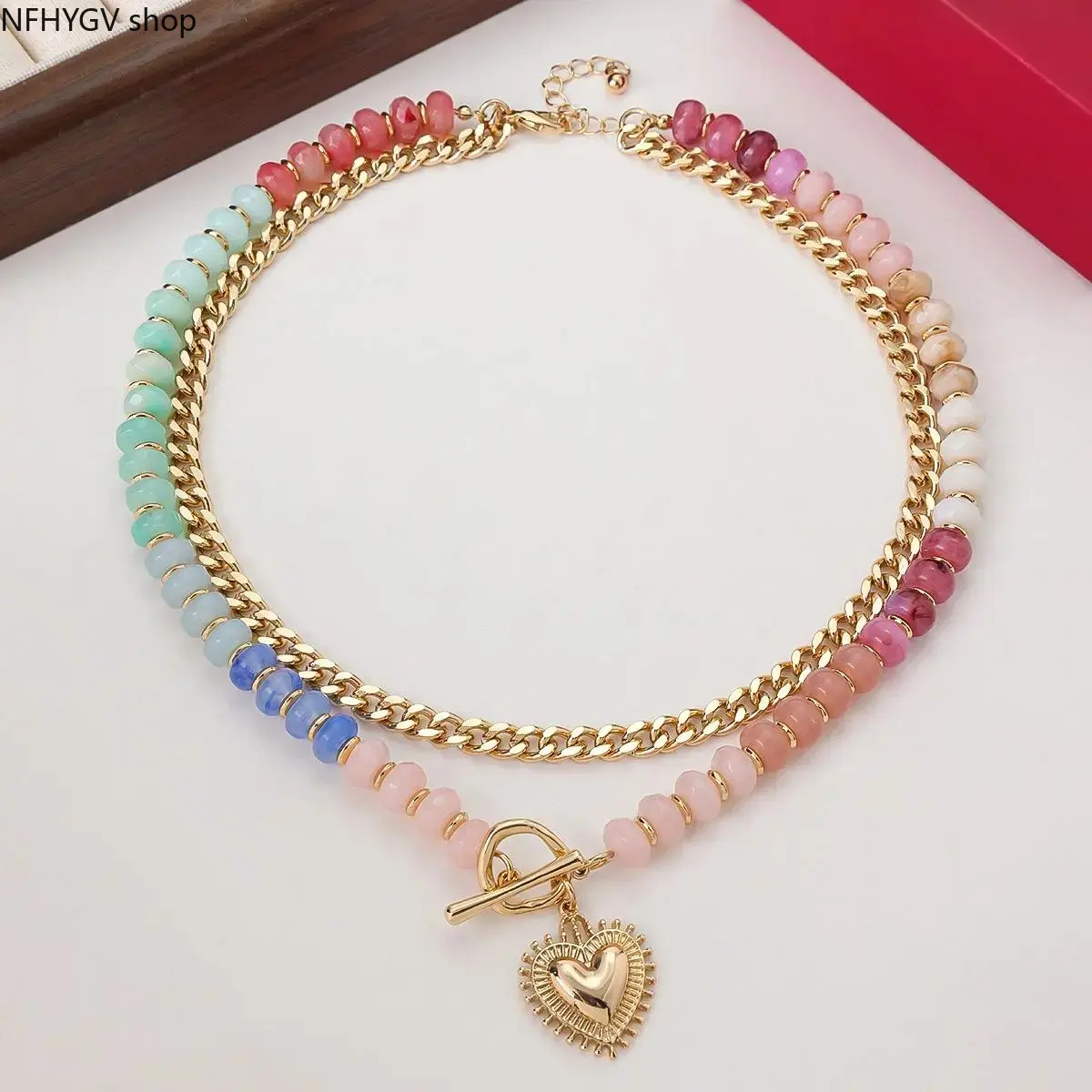 Y2K Layered Colorful Beaded Necklace, Multi-Chain Dopamine Statement Choker Decorated With Heart And Coin Pendants, Trendy Sweet Cool Fashion Accessory For Daily Street Outfits And Festival Styling
