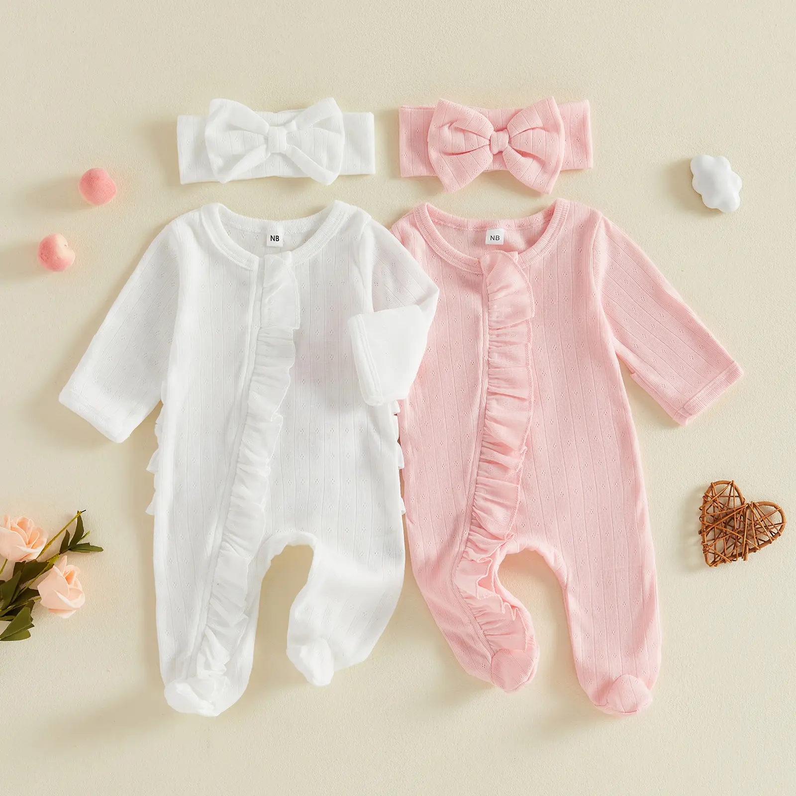 Newborn Baby Girl Elastane Mix Footie Pajamas Set - Long Sleeve Romper with Eyelet Ruffle Detail, Safe Materials, Solid Colors, Headband for Fall Winter (0-12 Months)