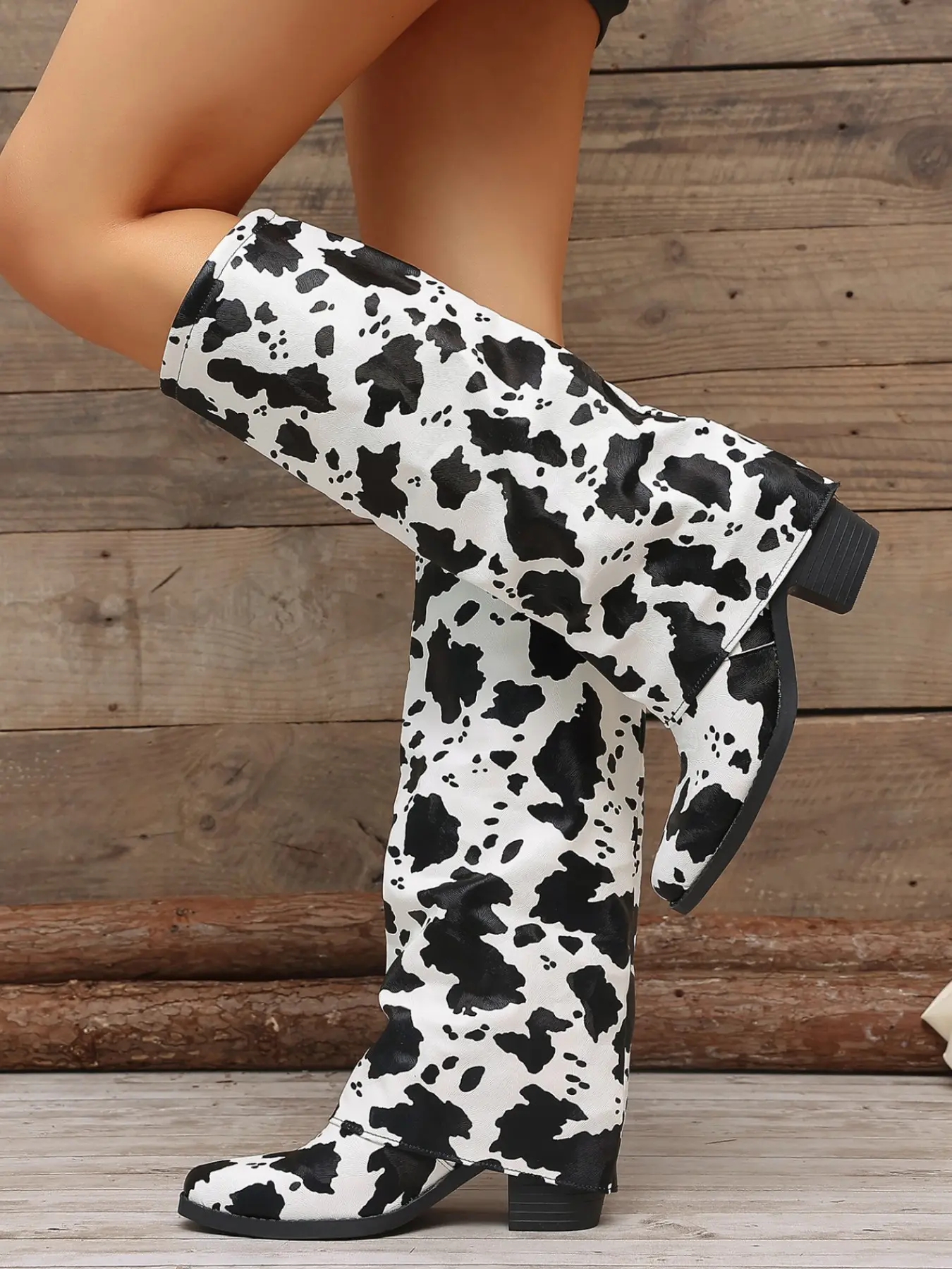 New Arrival Unique Cow Print Wide Calf Long Boots, Lazy Stack Design Flat Sole Western Cowboy Boots, Trendy Versatile High Calf Women's Boots Footwear