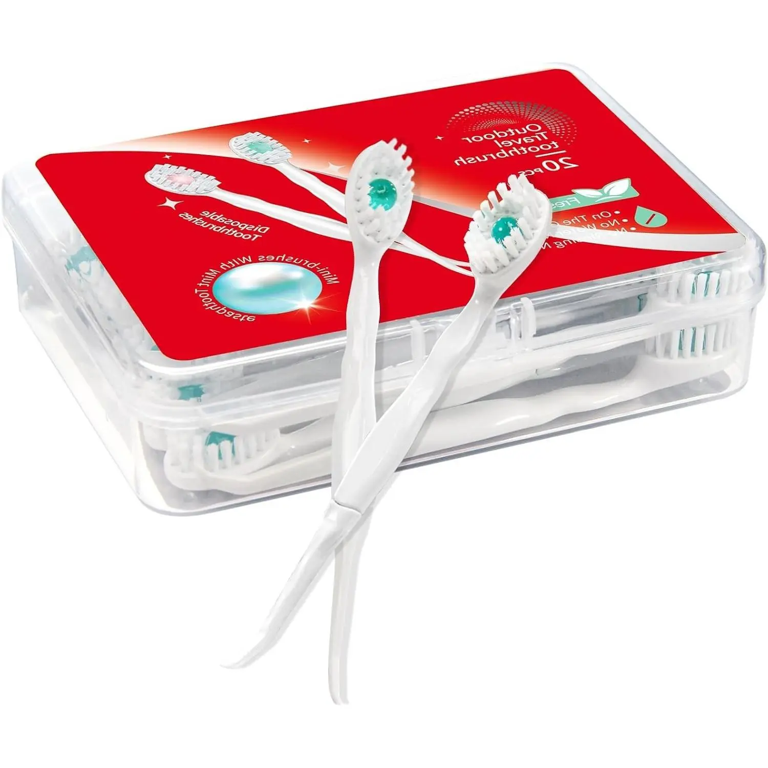 4-in-1 Disposable Mini Travel Toothbrushes with Toothpaste, Toothpick, Tongue Scraper, Peppermint, 20pcs, Portable No-Rinse Travel SetGift