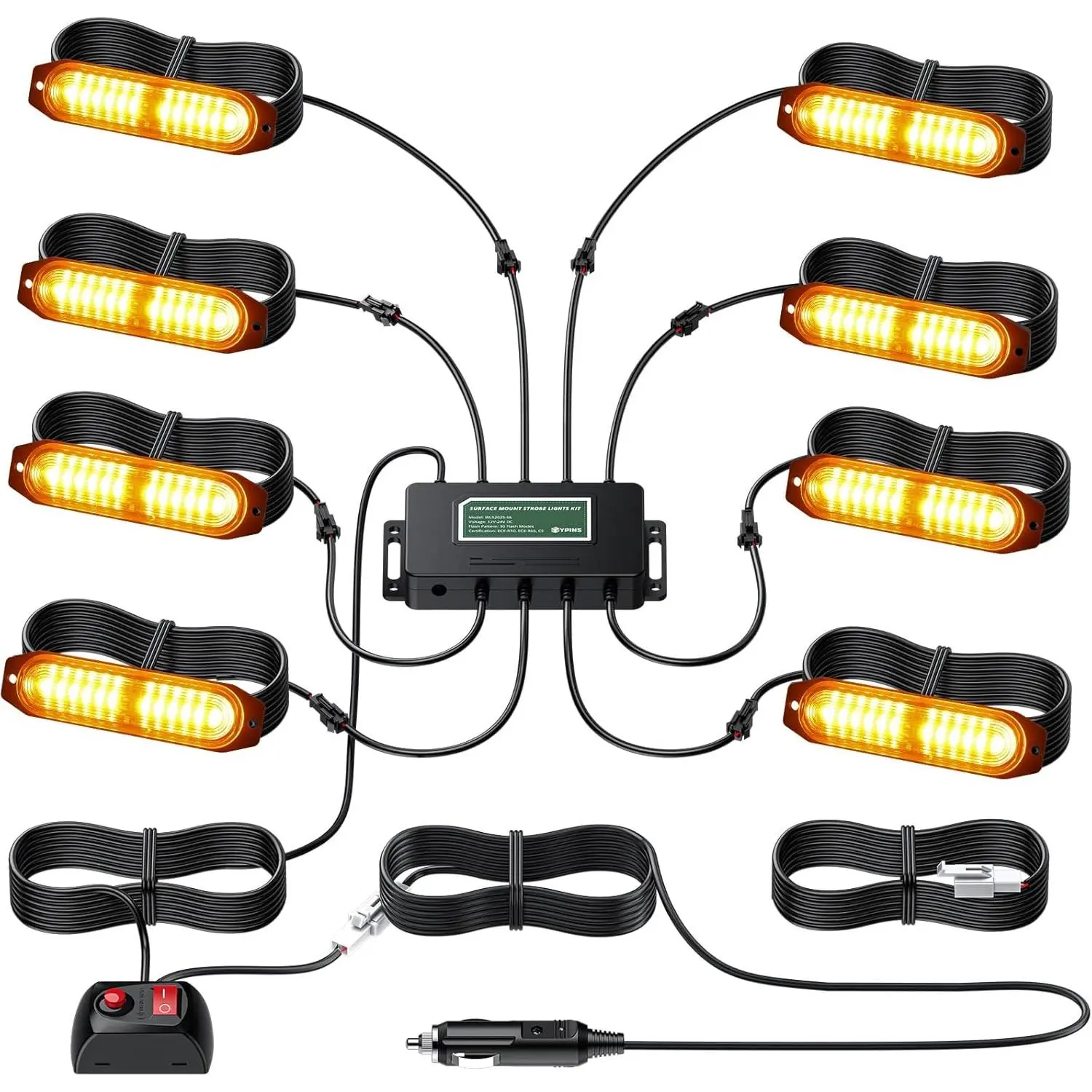 EYPINS 8PCS 12V-24V Waterproof LED Surface Mount Strobe Lights Kit, Amber Warning Flashing Lights with 30 Modes, Memory Function for Truck ATV Construction Vehicles