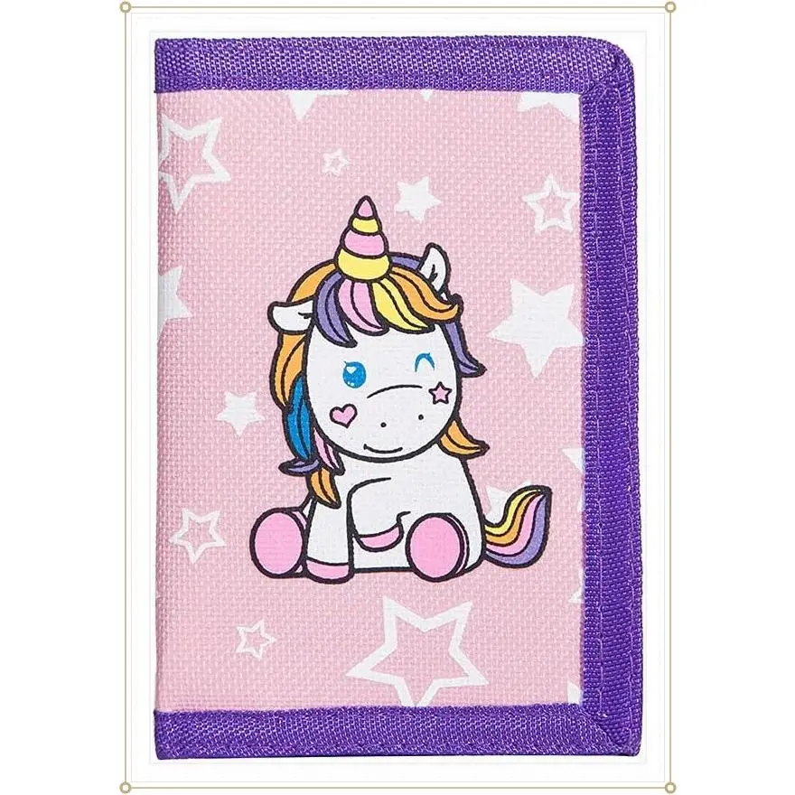 RFID Trifold Canvas Wallet with Coin Pocket for Teen Girls & Kids - Cute Unicorn Cartoon Design with Magic Sticker ClosureGift