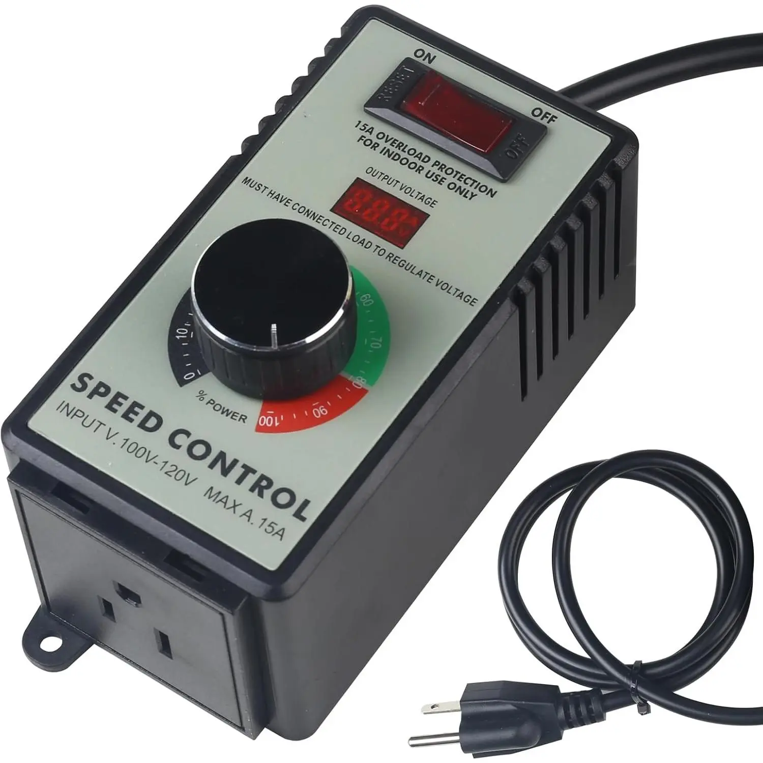Versatile AC Motor Speed Controller - 100V-120V, 15A Max - Electric Fan Speed Regulator with Overload Protection, Electronic Voltage Regulation, and Voltage LED Display