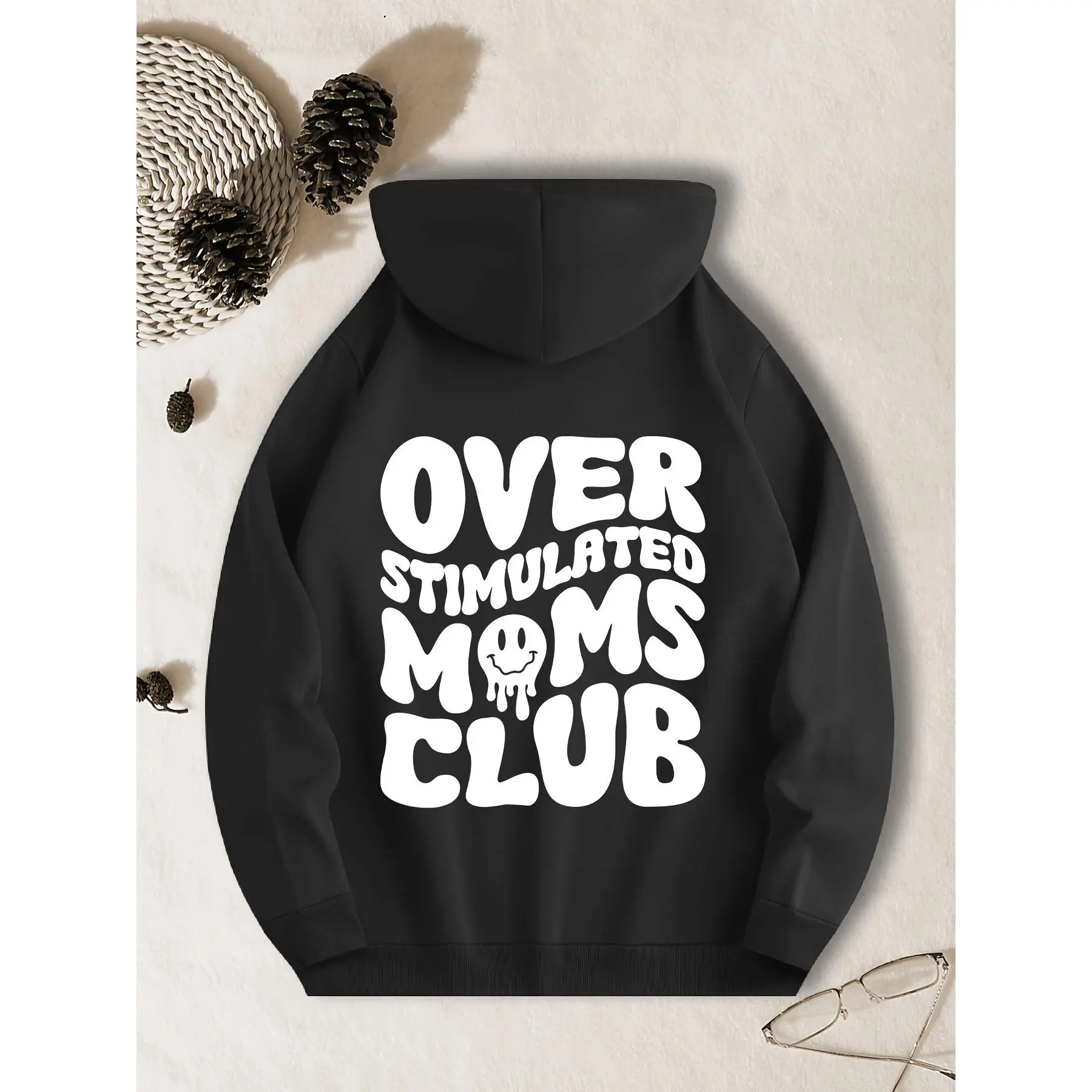 Over Stimulated Moms Club Hoodie Retro Bubble Letter Drip Smiley‑Face Back‑Print Pullover Sweatshirt Y2K Aesthetic Funny Mom‑Life Oversized Casual Street‑Style Hooded Top For Mommy Daily Outfits