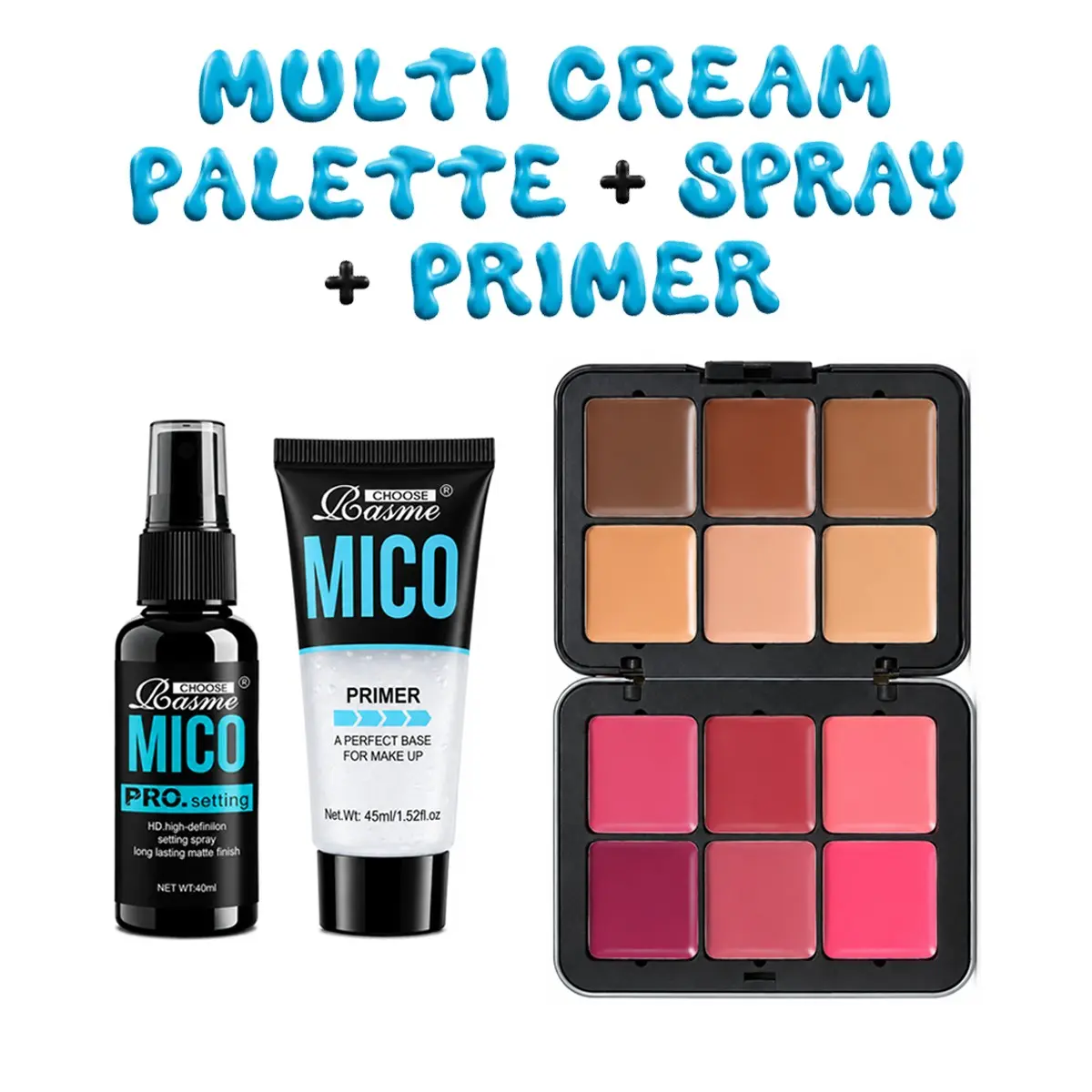 12 Shade Multi-Use Cream Makeup Palette Set, Cream Blush Contour Concealer Kit with Face Primer & Long Lasting Setting Spray