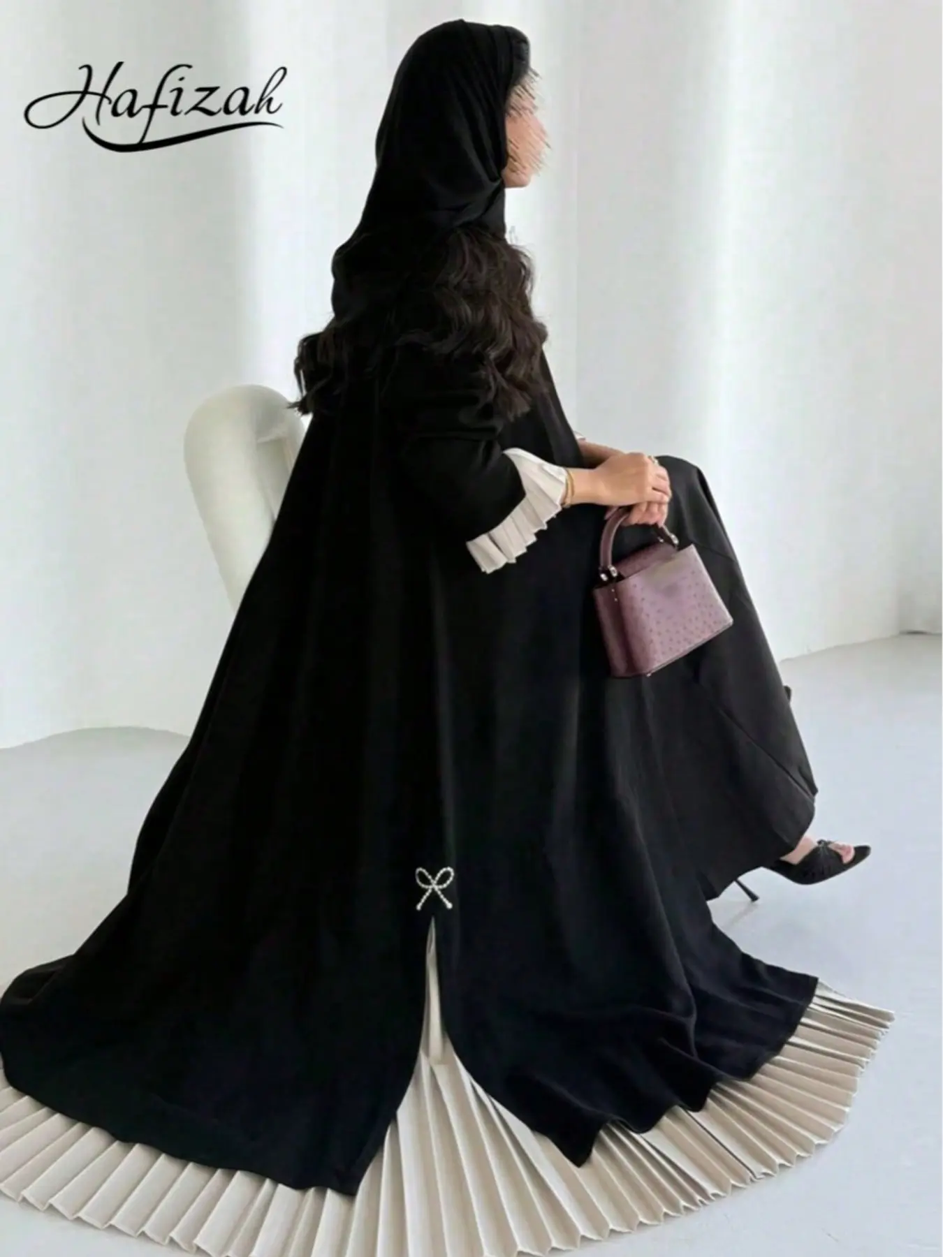 Hafizah Colorblock Pleated Rhinestone Bow Long Cardigan, Loose-Fitting Outerwear for All Seasons, Casual Women's Fashion, Clothes