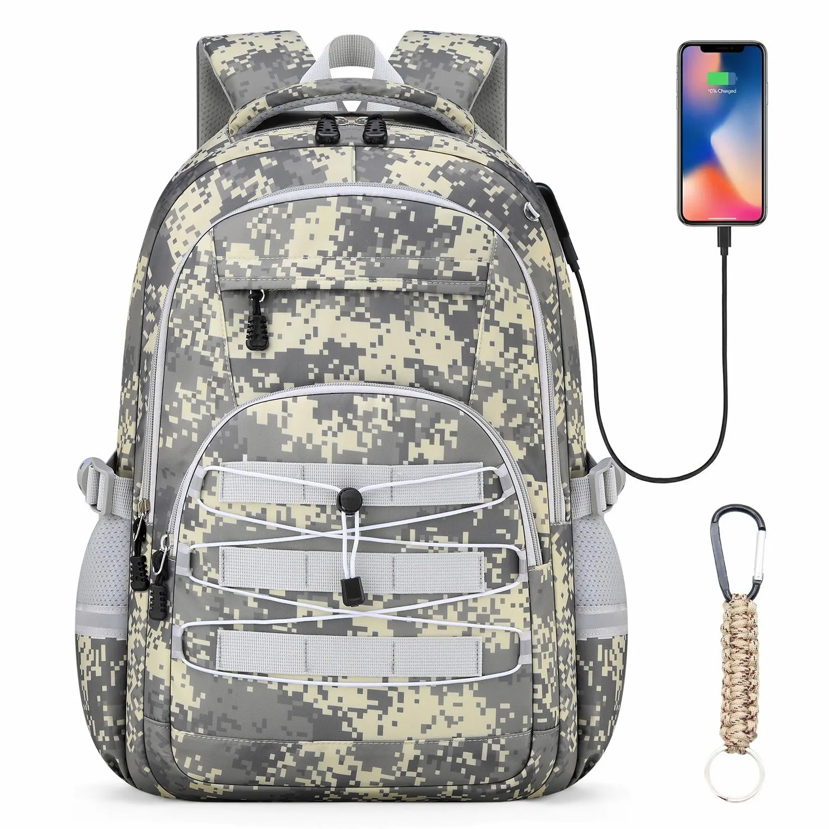 Boys' 18in Nylon Camo Backpack with USB Charging Port & Keychain - Comfortable Padding, Mega Space, Rainproof, Super Organized, Versatile for School, Hiking, Travel, Nylon Fabric