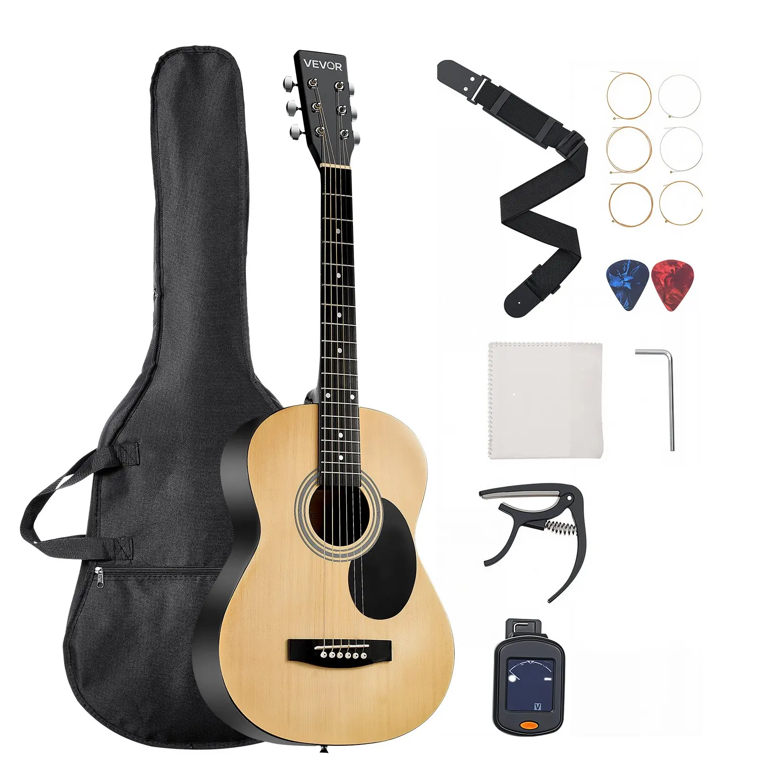 VEVOR 36 inch 6-String Acoustic Guitar, Natural Solid Top with Rosewood Fingerboard, Portable Bundle for Beginners - Includes Gig Bag, Tuner, Strap, Steel Strings, Picks, Capo