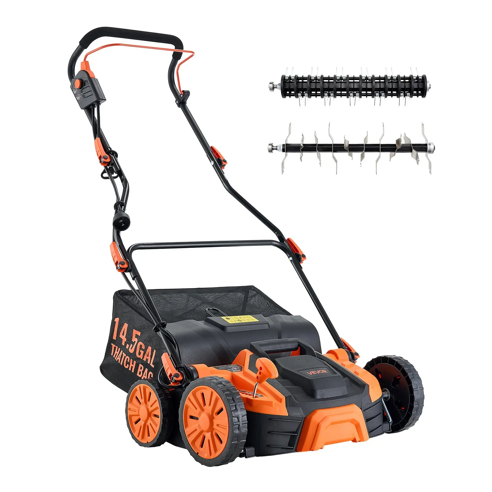 VEVOR 2-in-1 Electric Dethatcher and Scarifier, 16-Inch 15 Amp, Corded Lawn Dethatcher with 14.5-Gallon Thatch Collection Bag, 5-Position Depth Adjustment, Walk Behind Machine for Garden Yard Grass