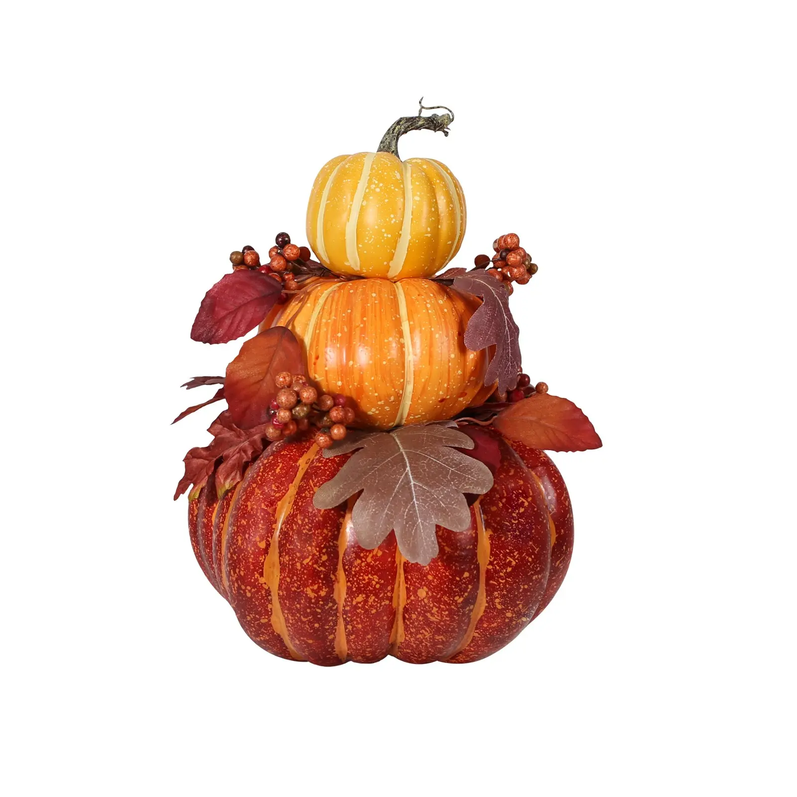 13.78-Inch Artificial Decorative Pumpkin, Large Realistic Decor, Plastic Material, Maple Leaf and Berry Accents, Fall Harvest Thanksgiving Halloween Tableware
