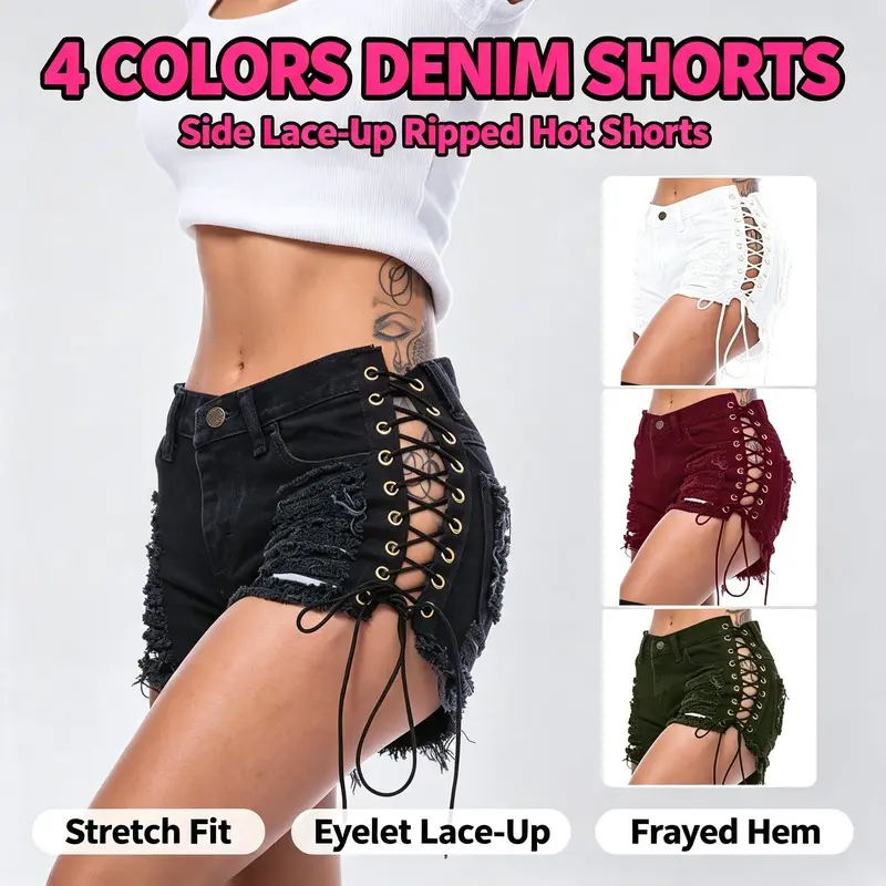 Women High Waist Ripped Denim Shorts, Punk Eyelet Lace Up Cutoff Distressed Hot Pants, Sexy Streetwear Club Outfit Jean Shorts