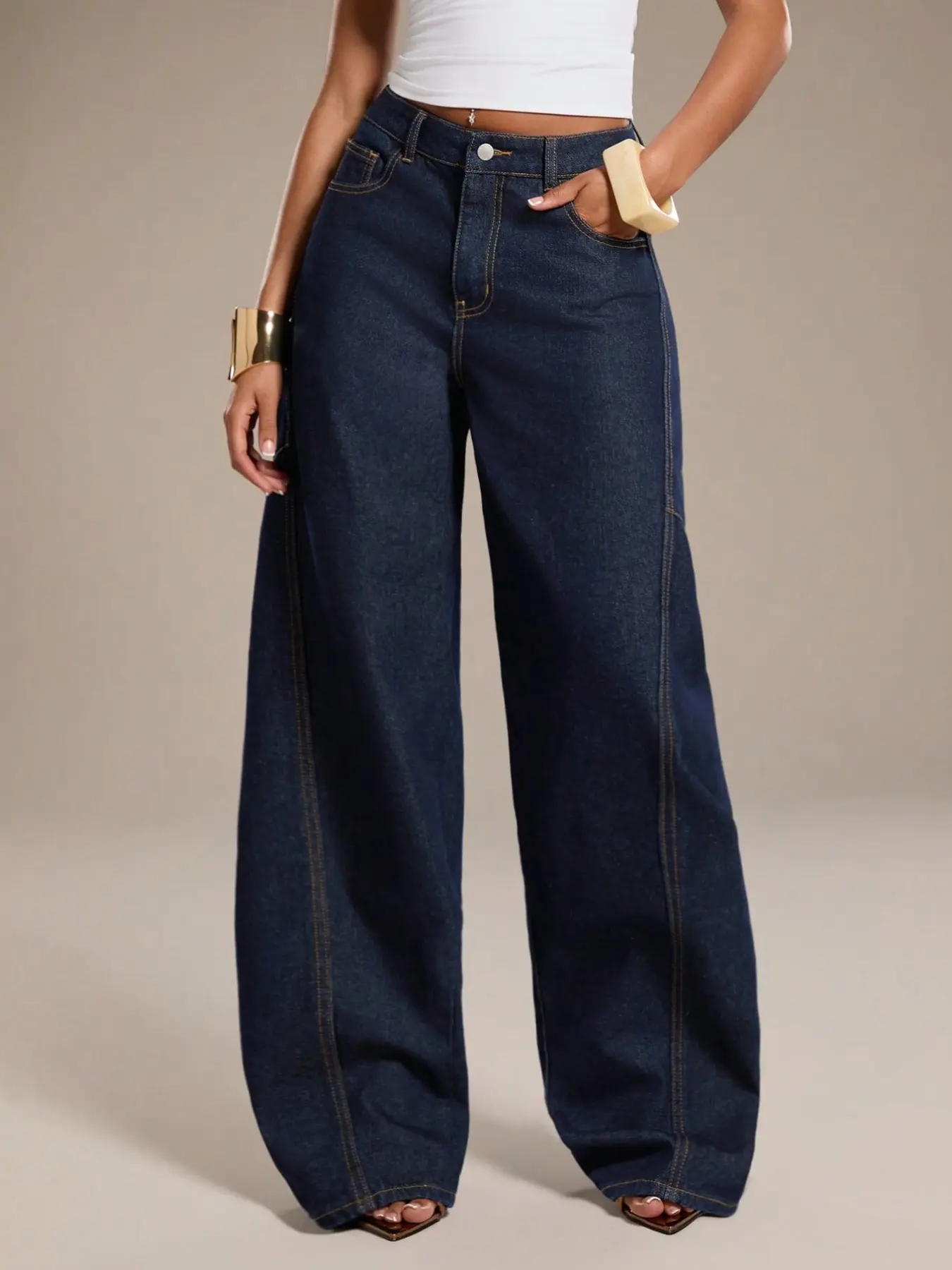 Summer Casual Wide Leg Loose Dark Wash Denim Jeans, Y2K Button Low Waist Washed O-Shape Pants Bottoms, 90s Retro Vintage Streetwear Women, Perfect for Concerts and Clubs
