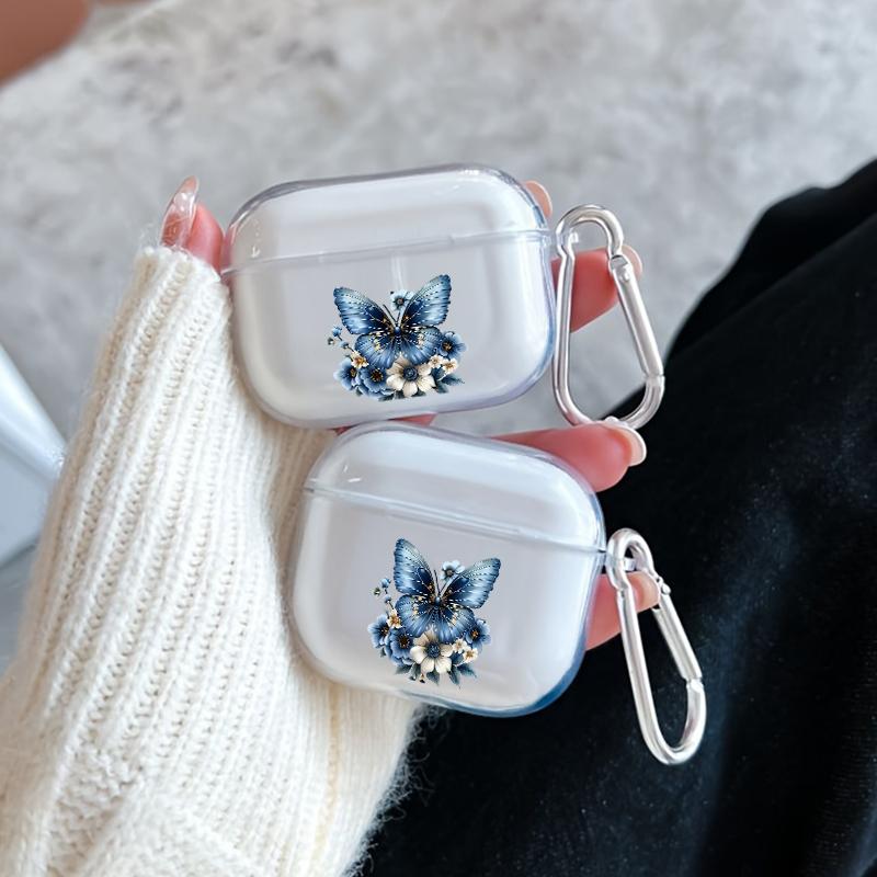 Chic Blue Butterfly Pattern TPU Soft Protective Case for Apple AirPods 4/3/2/1/Pro/Pro2 Transparent Earphone Cover with Keychain Attachment