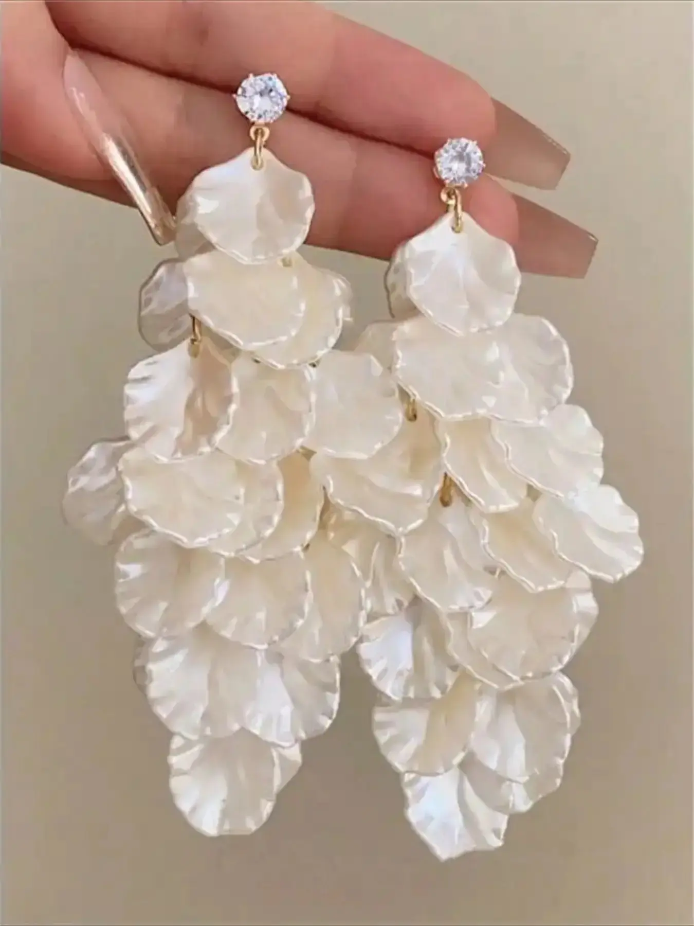 Luxury Layered Petal Drop Earrings for Women, White Shell Floral Dangle Earrings with Shiny Zircon Stud, Elegant Statement Jewelry, Wedding & Date Accessory