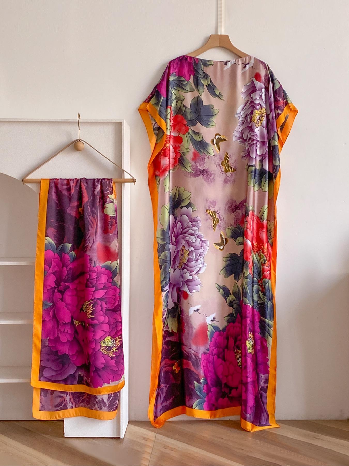 Women's Floral Print Long Sleeve Cape Shawl & Scarf Set, Elegant Casual Silk Scarf & Shawl Set for Beach Vacation, Boho Style Shawl, Fashion Accessories for Women