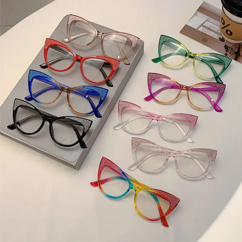 Glitter Color Block Eyeglasses, Unisex Full Rim Plastic Optical Frames with Blue Light Blocking Non-Prescription Lenses, Bluelight Blocking