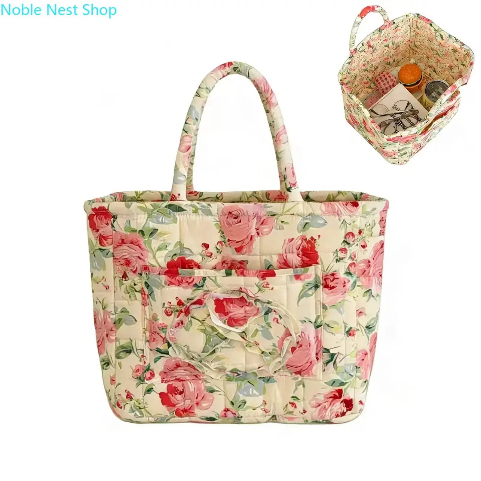 Retro Quilted Floral Fabric Storage Basket - Unisex Large Capacity Portable Organizer for Home and Camping Gear, Flower, High Capacity