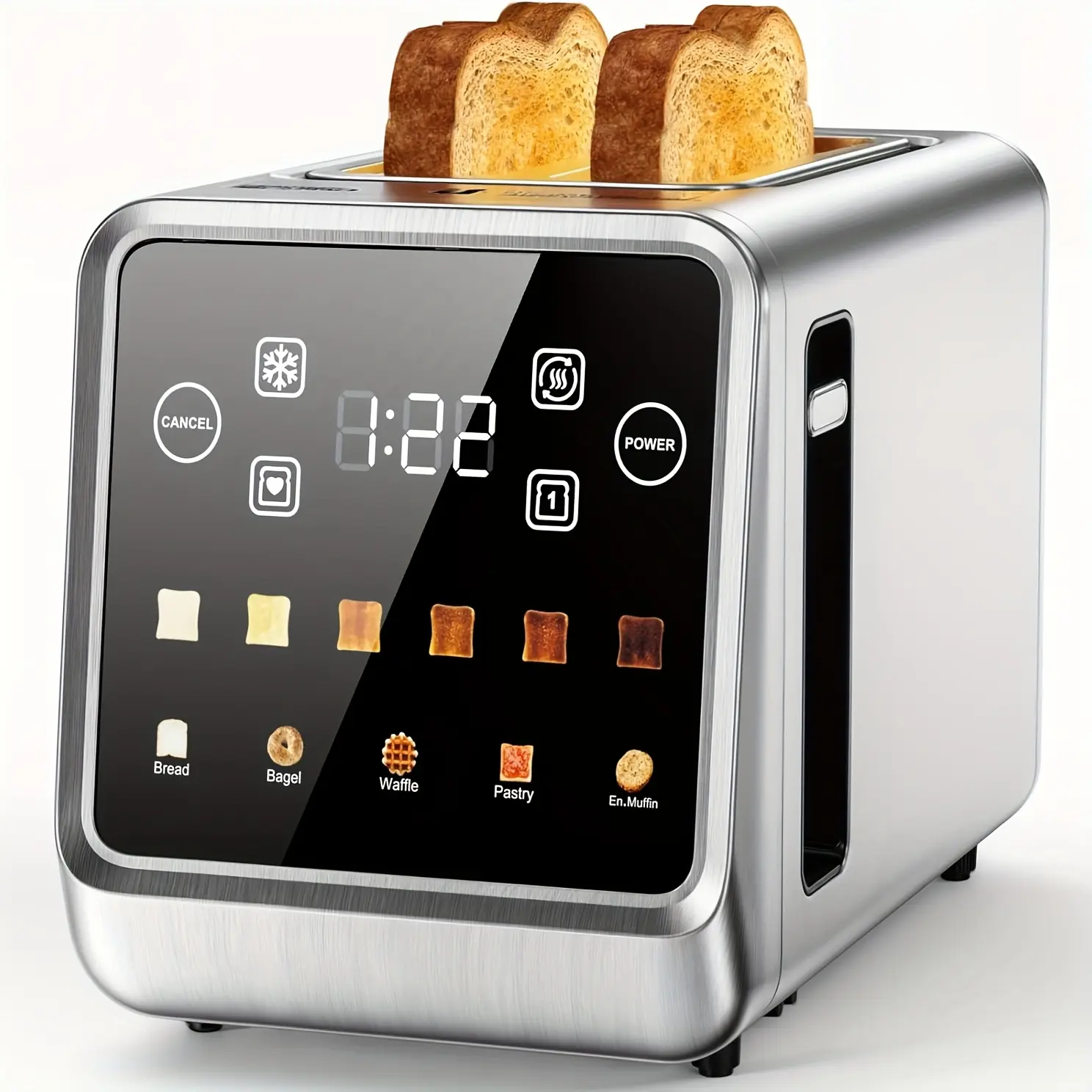 Modern 2-Slice Digital Toaster in Stainless Steel with Touch Controls, 6 Shade Settings, Bagel Mode and Unfreeze Function, 750W-1000W, 120V Plug, Smart Digital Toaster, Indoor Recreation Use, Touchscreen Toaster, Bread Toaster