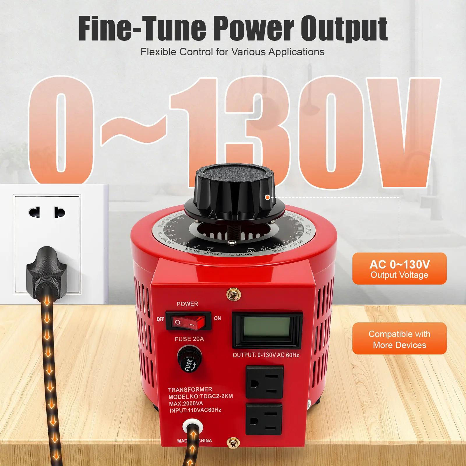 Voltage Regulator, Annular Shape Iron/Copper Floor-Mounted AC 0~130V Output Variable Transformer for Indoor Lab Motor Test Equipment, 110V Input, 20A Capacity