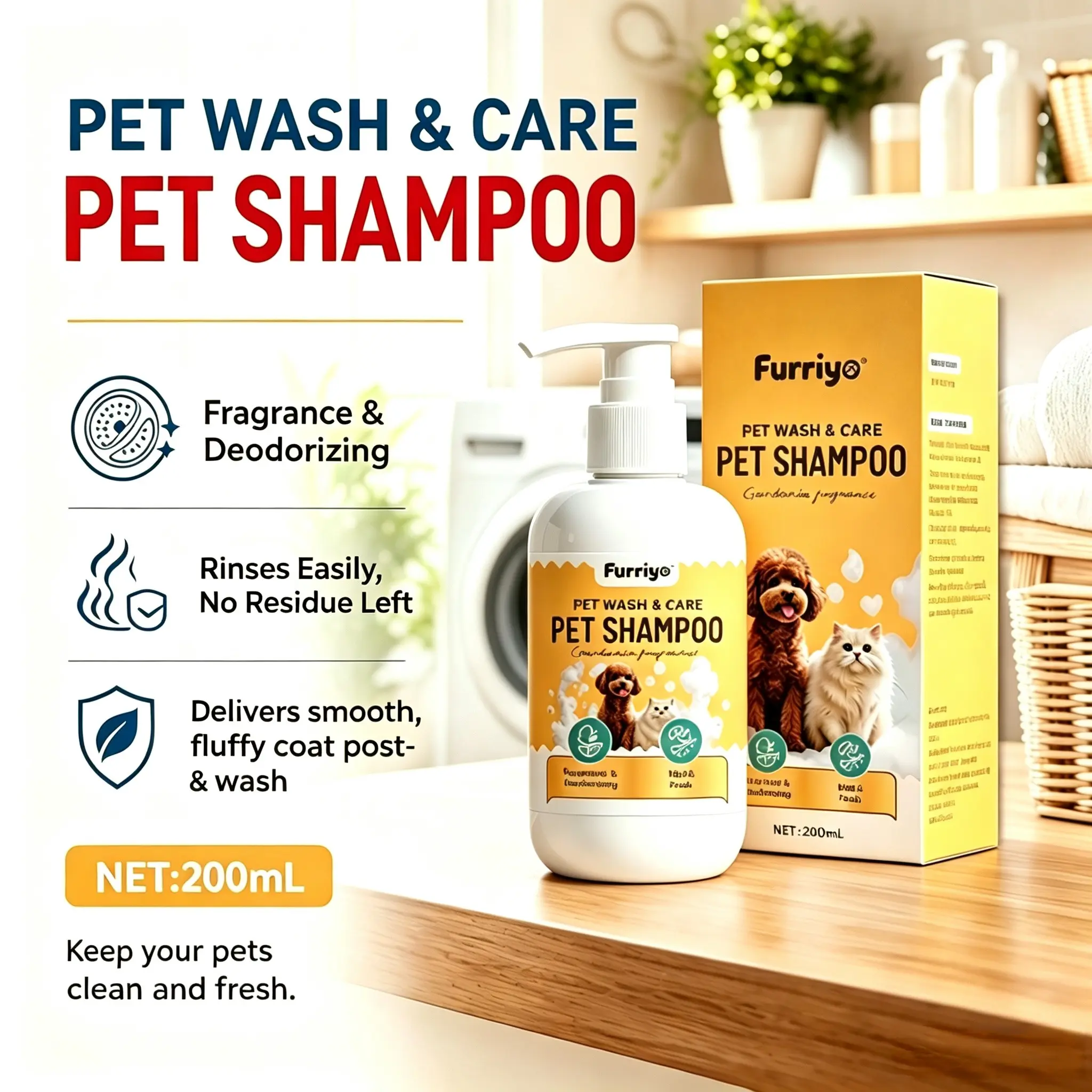 1PC 200ml Furriyo Pet Shampoo for Cats and Dogs, Puppy Shampoo, Gentle Cleansing, Fresh Scent, Odor Removal, Skin-Friendly, Universal Use, Pet Care Essentials
