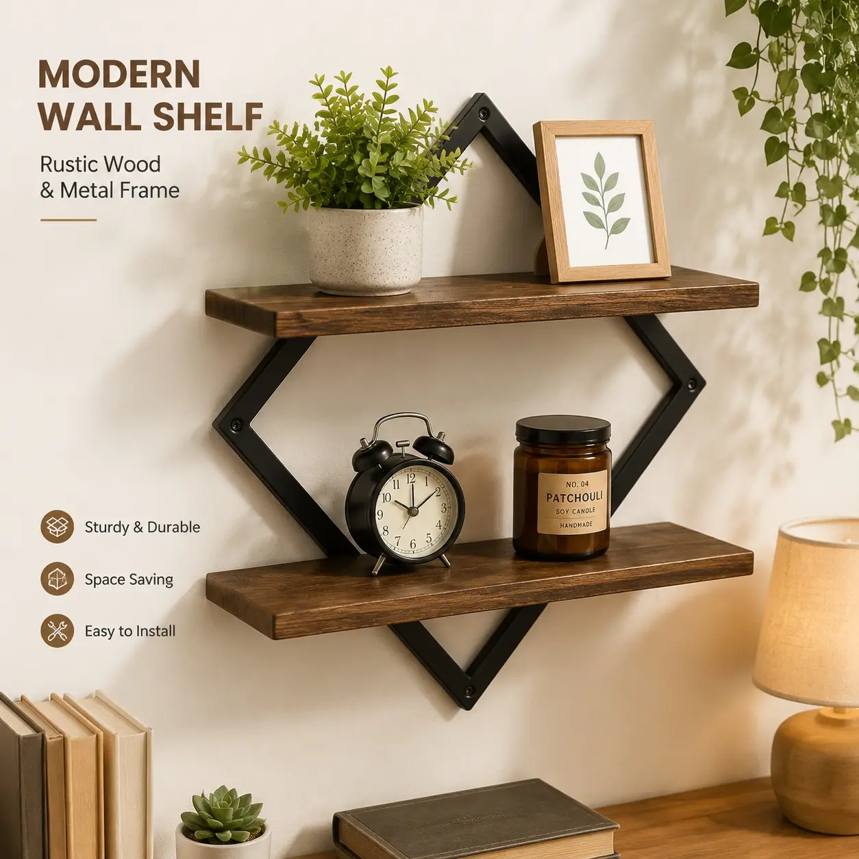 Diamond‑Shaped Industrial Wall Mount Shelf, Metal Double‑Tier Wall Storage Shelves, Hanging Design, Wall Decor Organizer Fits Various Home Scenarios for Decor Items