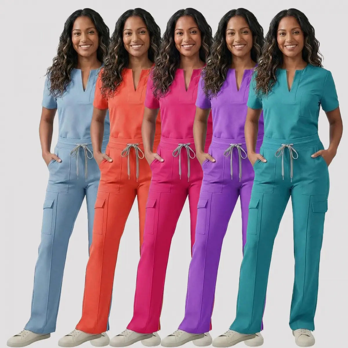 Women's 2-Piece Scrub Set, Solid V-Neck Top & Straight Leg Pants with 4-Way Stretch Spandex Fabric, Multi-Pocket Medical Uniform Workwear, Suit, Uniforms, Clothes, Women's Clothes, Scrubs