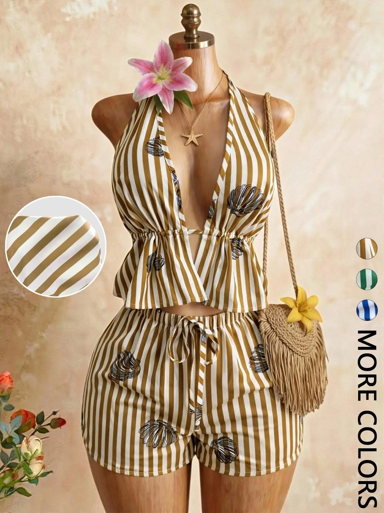 2 Piece Halter Ruffle Top Drawstring Shorts Set for Women, Striped Shell Print, Breathable Adjustable, Boho Vacation Style Feminine