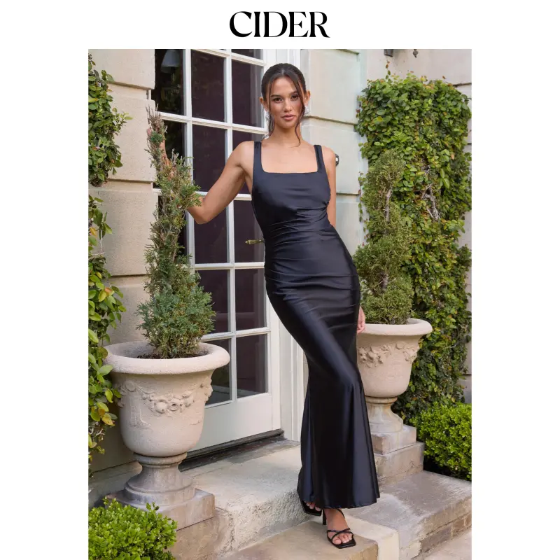 Cider Satin Sculptural Square Neck Ruched Mermaid Maxi Dress SohoChic