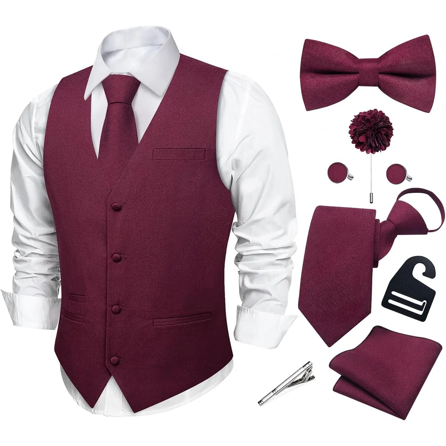 Mens Linen Suit Vest and Zipper Tie Set, Burgundy, XX-Large |   Formal Dress Vest 8PCS, Lightweight Waistcoat, Pre-tied Tie, V-Neck, Solid, Casual Business, Pocket Square Holder, Wedding