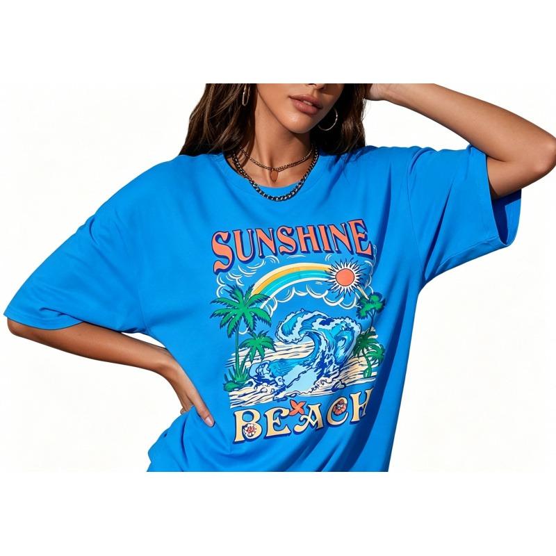 Oversized Hawaiian Shirts,Women Sunshine Beach Tshirt,Hawaii Tropical Tops,Beach Graphic Shirt,Summer Vacation Tee Top,100% Cotton, comfortable, Casual