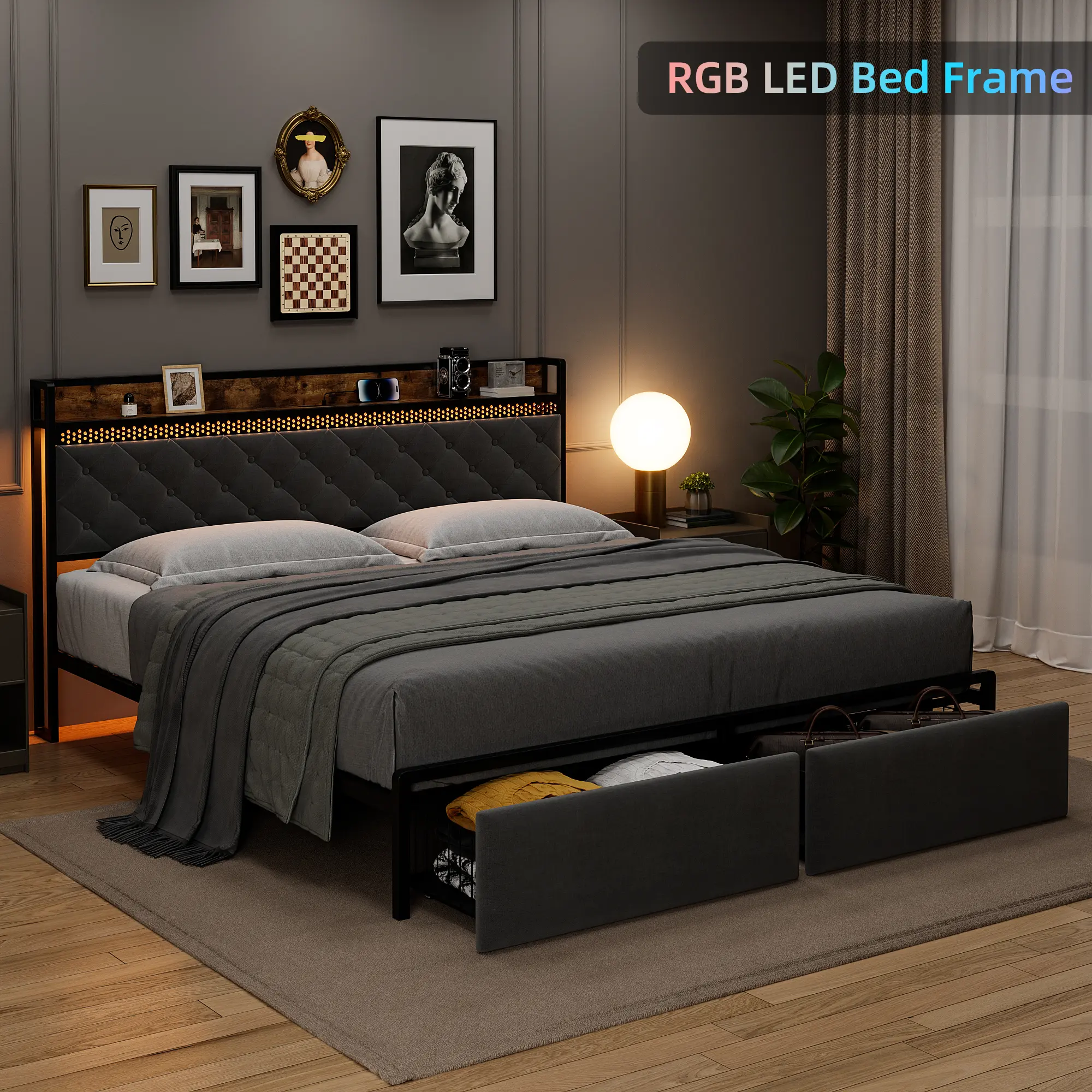 [SummerSale] GARVEE Modern Metal Platform Bed Frame with Headboard, 2 Storage Drawers, LED Lights, USB Ports & Power Outlets, Noise-Free & Easy Assembly/Luxury Bedroom Furniture/No Box Spring Needed, White or Grey/Best Gift Ideas/Christmas Gifts